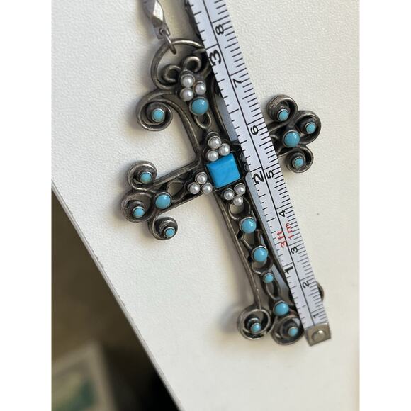 Necklace Filagree Roman Cross with Blue Acrylic Stones Silver Tone Long 32” - Picture 6 of 7